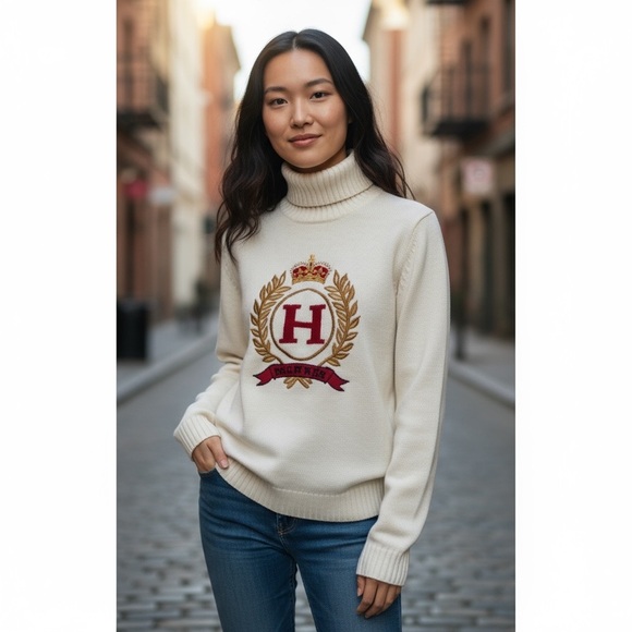 TOMMY HILFIGER CREAM TURTLENECK VINTAGE EMBROIDERED CREST PREPPY SWEATER SZ S-M - Picture 1 of 15